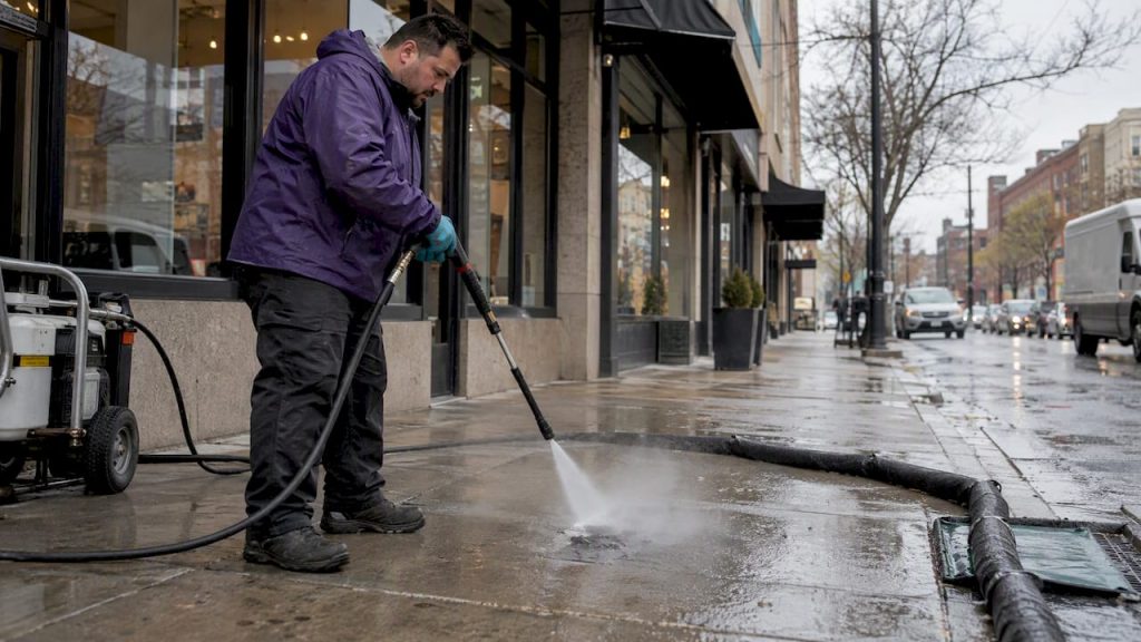 Crew member pressure washing gum on sidewalk