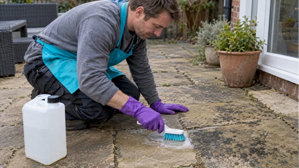 Homeowner applying cleaner to a patio test patch