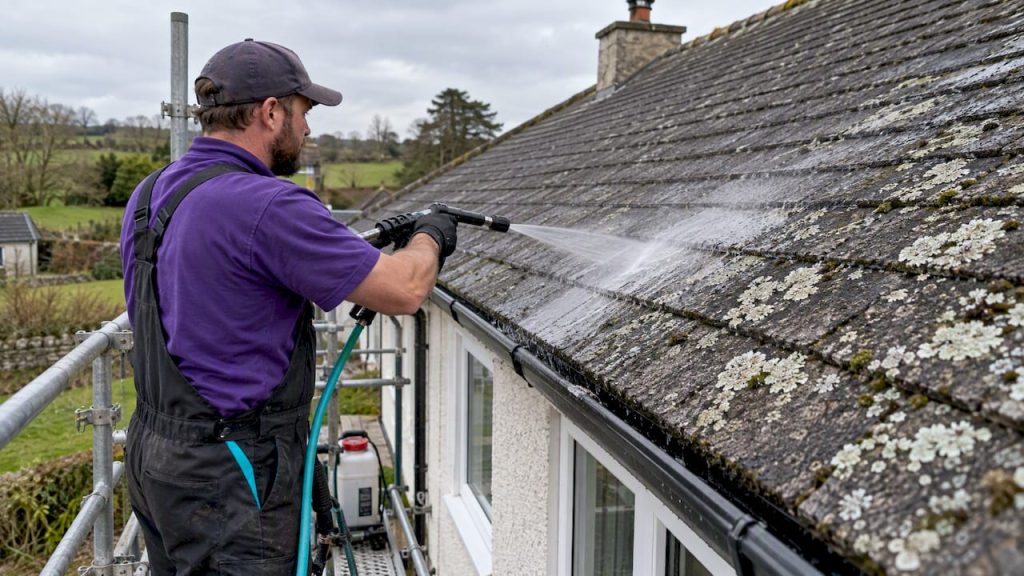 Technician soft washing lichen-covered roof shingles