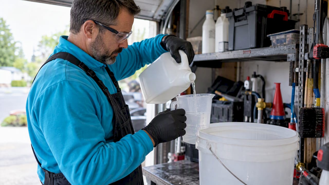 Technician safely measuring roof wash solution