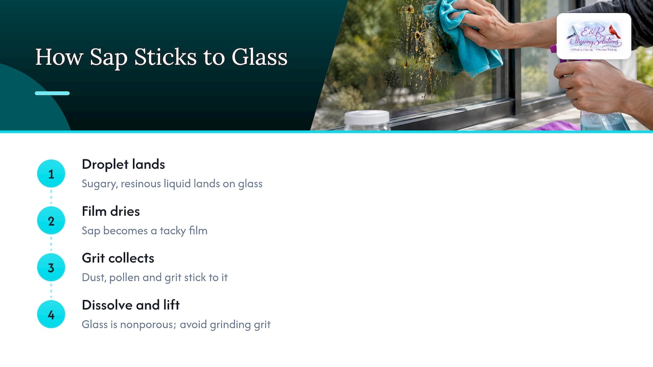 Sap drying, collecting grit, and lifting from glass