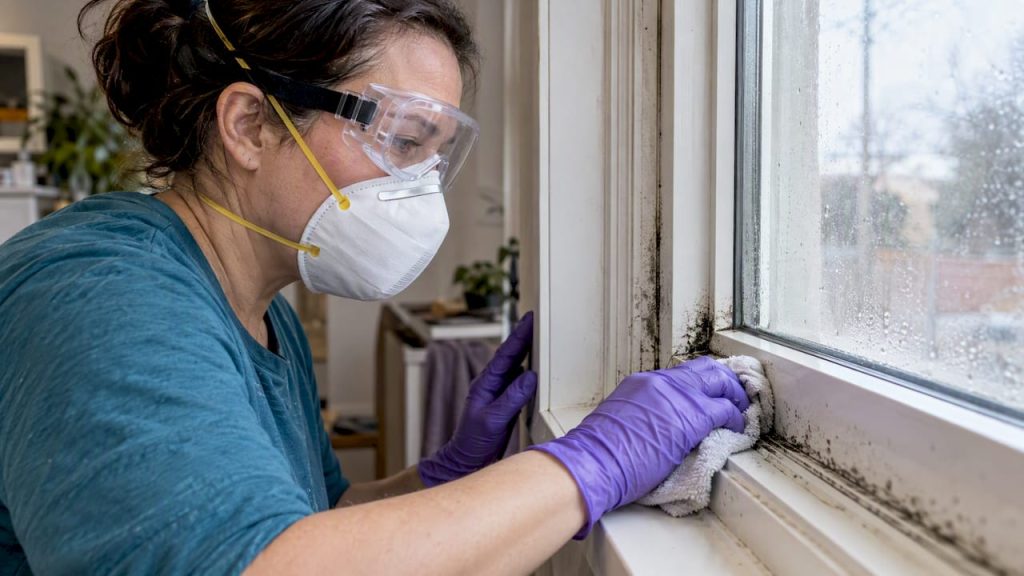 Homeowner cleaning mildew from a window frame