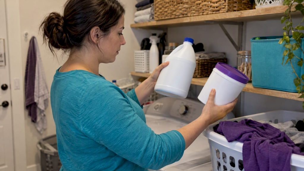 Homeowner comparing two bleach types in laundry room