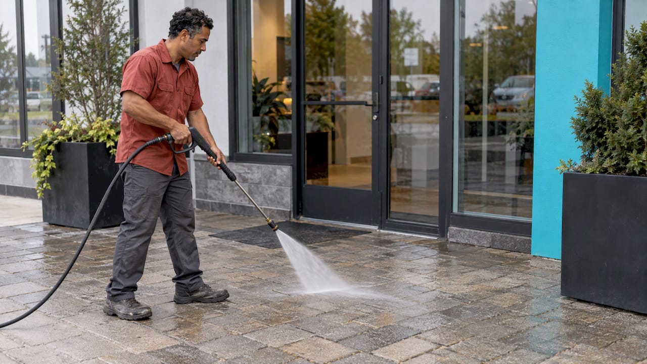 Technician pressure washing pavers away from joints